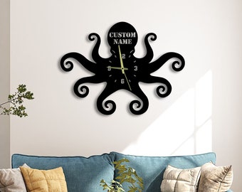 Pulpo de reloj de pared de metal personalizado, reloj de pared único para decoración del hogar y artes de la pared, relojes de pared de pulpo oceánico personalizados, regalo para amantes del pulpo