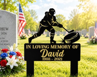 Personalized Hockey Memorial Garden Stake, Custom Metal Grave Marker for Athlete Gift