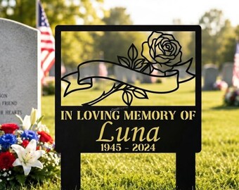 Personalized Rose Memorial Garden Stake, Custom Floral Metal Grave Marker for Cemetery Decor