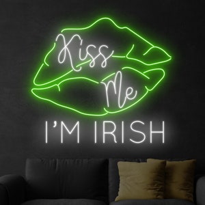 Kiss Me I'm Irish Led Sign, Mouth Clover Patrick's Day Neon Sign, Custom Neon Sign, Patrick's Day Home Decor, Happy Patrick's Day Lucky Gift