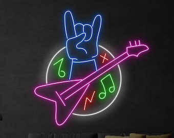 Enseigne néon de guitare rock, enseigne LED pour guitare rock, enseigne au néon personnalisée, décoration murale pour magasin de guitares, éclairage de club de musique rock, art mural pour studio de musique