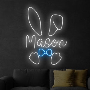 Letrero de neón de conejito con nombre de niño personalizado, letrero LED de conejo con nombre personalizado, letrero de neón personalizado, decoración del hogar del día de Pascua, regalo del día de Pascua feliz, arte de pared de conejito