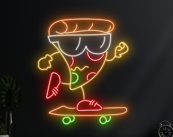 Cool Pizza Skateboarding Neon Sign, Pizza Skateboarding Led Wall Decor, Custom Neon Sign, Italian Pizza Restaurant Light, Pizza Lover Gifts