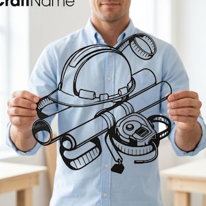May include: Black metal sign featuring a construction theme. The sign includes a hard hat, rolled blueprints, and a tape measure. The sign has the text "CraftName sign" in the upper left corner.
