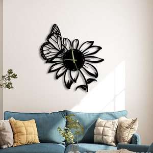 Butterfly On Flower Wall Clock Modern Design, Wall Clock Unique for Home Decor and Wall Arts, Personalized Modern Floral Butterfly Clocks