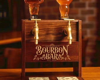 Custom Wooden Double Faucet Whiskey Dispenser, Engraved Liquor Fountain for Man Cave or Bar Decor, Bourbon Alcohol Dispenser Gift for Dad