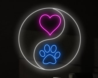 Enseigne néon coeur Yin Yang, patte de chien coeur, Led coeur patte de chien, enseigne néon personnalisée, décoration murale pour animalerie, art mural lumineux pour boutique chien, enseigne au néon spa pour animaux de compagnie