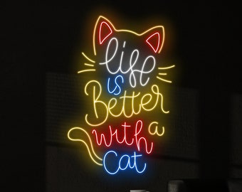 La vie est meilleure avec un chat Enseigne néon, Enseigne LED citations de chat, Enseigne néon personnalisée, Décoration murale pour animalerie, Enseigne néon Spa pour animaux de compagnie, Cadeau pour amoureux des citations d'animaux