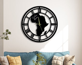 Custom Black Africa Map Metal Wall Clock, Wall Clock Unique for Home Decor and Wall Arts, Personalized Africa Map Clocks For Wall Decoration