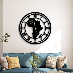 Reloj de pared de metal con mapa de África negro personalizado, reloj de pared único para decoración del hogar y artes de la pared, relojes de mapa de África personalizados para decoración de pared