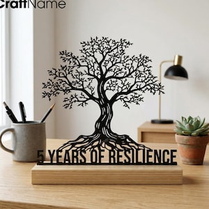 Personalized Tree of Life Metal Desk Decor, Custom Anniversary Gift Wood Base