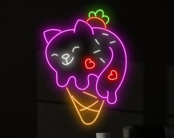 Enseigne néon chat crème glacée, enseigne LED crème glacée chat, enseigne au néon personnalisée, décoration murale de magasin de crème glacée, art mural lumineux pour animalerie, néon LED spa pour chat