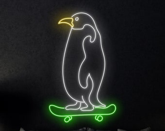 Enseigne LED Pingouin Skateboard, Enseigne néon Pingouin Skateboard, Enseigne néon personnalisée, Décoration murale de magasin de skateboard, Luminaire de chambre de skateur