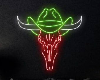Bull Skull And Cowboy Hat Neon Sign, Cowboy Bull Skull Head Led Sign, Custom Neon Sign, Farmhouse Neon Led Wall Decor, Cowboy Store Wall Art