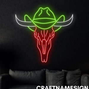 Bull Skull And Cowboy Hat Neon Sign, Cowboy Bull Skull Head Led Sign, Custom Neon Sign, Farmhouse Neon Led Wall Decor, Cowboy Store Wall Art