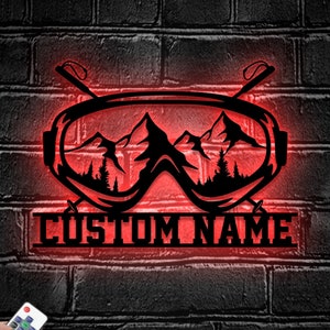 Custom Snowboarding Metal Wall Art LED Light - Personalized Mountain Skiing Goggle Name Sign Home Decor - Ideal for Home Decor & Gift