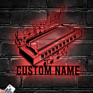 Custom Harmonica Musical Instrument Metal Wall Art LED Light - Personalized Harmonica Player Name Sign Home Decor - Ideal for Home Decor &