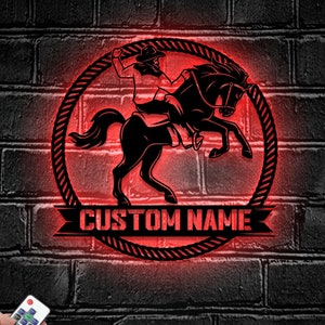 Custom Western Cowboy Roping Metal Wall Art LED Light - Personalized Tie Down Roper Name Sign Home Rodeo Decor Cowboy Riding Horse