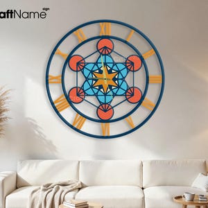 May include: A large, circular wall clock with a geometric design. The clock has a dark blue frame, orange Roman numerals, and a central design in blue, orange, and yellow. It's mounted on a white wall above a white sofa, adding a modern touch.