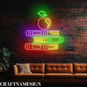 Apple Book Neon Sign, Reading Book Led Sign, Custom Neon Sign, Book Store Wall Decor, Read Books Lover Gifts, Open Book Store Wall Art