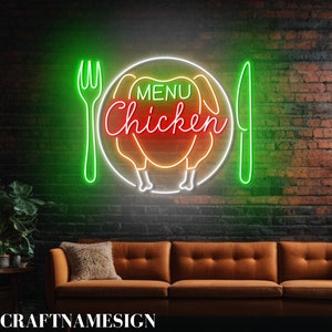 Chicken Menu Neon Sign, Chicken Restaurant Led Sign, Custom Neon Sign, Fried Chicken Restaurant Light, Chicken Meat Shop Open Led Light