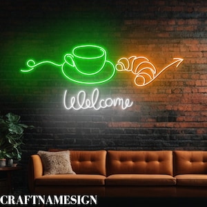 Welcome Bakery & Coffee Led Sign, Open Bakery And Coffee Shop Neon Sign, Custom Neon Light, Bakery And Coffee Shop Art, Coffee Croissant Art