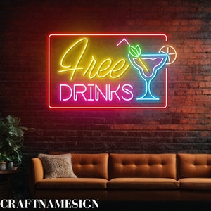 Free Drinks Neon Sign For Bar Pub And Restaurant Decor, Custom Neon Sign, Open Wine Bar Pub Wall Decor, Cocktail Bar Night Light Wall Art