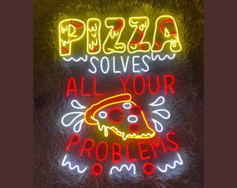 May include: Neon sign with the text "Pizza solves all your problems" in red and yellow letters. The sign features a stylized pizza slice with red pepperoni and yellow cheese.