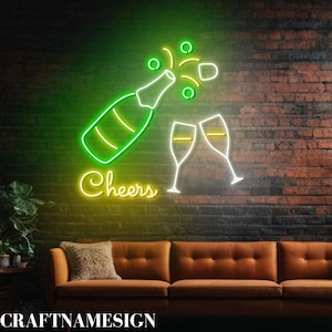 Champagne Cheers Neon Sign, Custom Neon Sign, Open Wine Bar Pub Wall Decor, Wine Bar Night Light Wall Art, Restaurant And Kitchen Decor