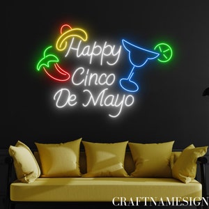 Happy Cinco De Mayo Neon Sign, Mexican Cocktails Led Sign, Custom Neon Sign, Cocktail Bar Wall Decor, Bar Pub Wall Art, Cocktails Led Light