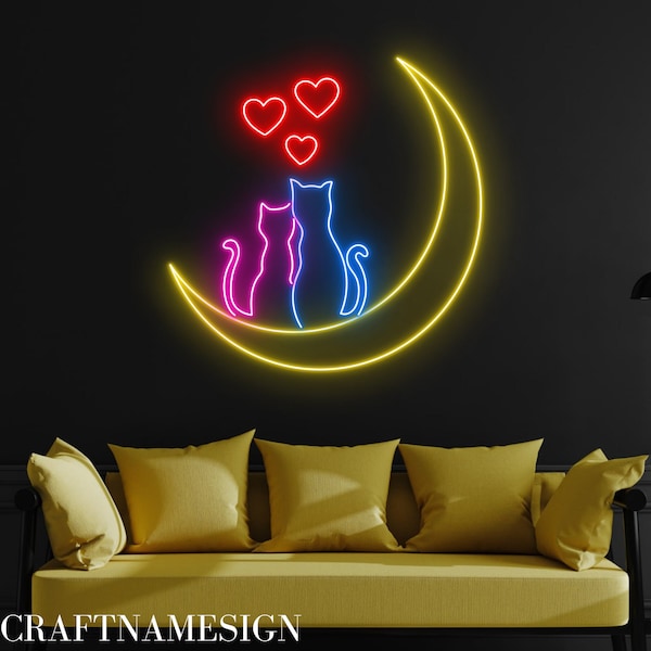 Paar Katze auf dem Mond Neon Schild, Katze Led Schild, individuelles Neon Schild, Katzenliebhaber Geschenke, Katzen Wanddekoration, Geschenk für Kinder, Schlafzimmer Wanddekoration
