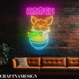 Fox With Ramen Neon Sign, Fox Ramen Noodles Led Sign, Custom Neon Sign, Open Japanese Ramen Restaurant Led Light, Noodles Shop Wall Art