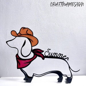 Décoration de bureau personnalisée en métal pour chien teckel, sculpture personnalisée en métal pour chien, enseigne de table kawaii, décoration de bureau pour femme, cadeau pour amoureux des chiens
