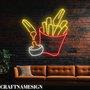 French Fries With Sauce Neon Sign, French Fries Led Sign, Custom Neon Sign, Fast Food Restaurant Decor, Open Street Food Shop Gift