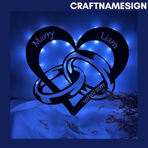 Personalisierte Paar Ringe Metall Led Wandleuchte, Herz Metall Zeichen, Liebe Jahrestag Wandkunst, Valentinstag Geschenke, Valentinstag Wand Dekor