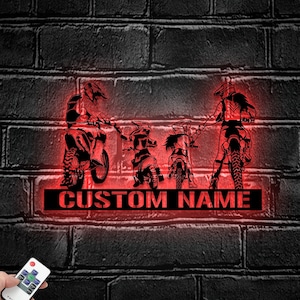 Custom Family Motocross Biker Metal Wall Art LED Light - Personalized Dirt Bike Name Sign Home Decor - Ideal for Home Decor & Gift