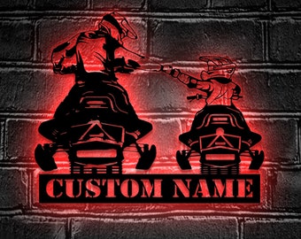 Custom Father Son Snowmobile Metal Wall Art LED Light - Personalized Ski-Doo Name Sign Home Decor - Ideal for Home Decor & Gift