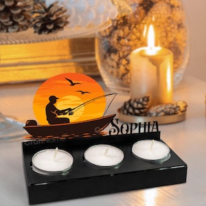 Custom Fishing Metal Candle Holder, Fisherman Candle Holder, Rustic Home Bedroom Decor, Idea Gift for Dad, Glitter Stand for Candles