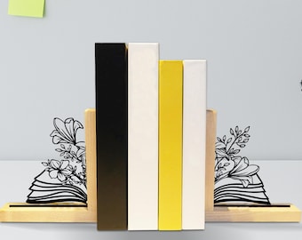 Floral Book Wooden Bookend, Blooming Flower Book Holder for Book Nook Decor and Library, Elegant Gift for Bookworm and Nature Lover