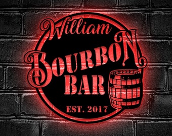 Custom Home Pub Gin Bourbon Bar Metal Wall Art LED Light - Personalized Whiskey Cocktail Drinking Name Sign Home Decor - Ideal for Home