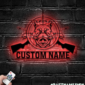 Custom Wild Boar Hunting Metal Wall Art LED Light - Personalized Hunter Name Sign Home Decor - Ideal for Home Decor & Gift