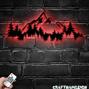 Nature Mountain Forest Metal Wall Art LED Light / Hill Tree Large Adventure Sign / Home Senderismo Decoración Camper / Hiker Nursery Decoration