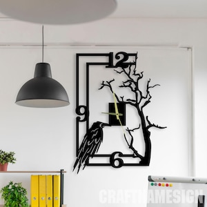 Modern Raven Tree Metal Wall Clock, Wall Clock Unique for Home Decor and Wall Arts, Personalized Raven With Tree Wall Clocks Decor Gifts