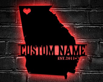 Custom Georgia Map Metal Wall Art LED Lights Personalized Georgia State Name Sign Home Decor - Born in Georgia Decoration - Ideal for Home