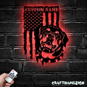 Custom Rottweiler US Flag Metal Wall Art LED Light - Personalized Rottie Dog Lover Name Sign Home Decor - Ideal for Home Decor & Gift