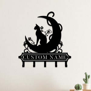 Portachiavi personalizzato in metallo con gatto nero sulla luna, portachiavi decorativo, appendiabiti in metallo, ganci appendiabiti da ingresso, appendiabiti per chiavi in metallo, organizzatore di chiavi