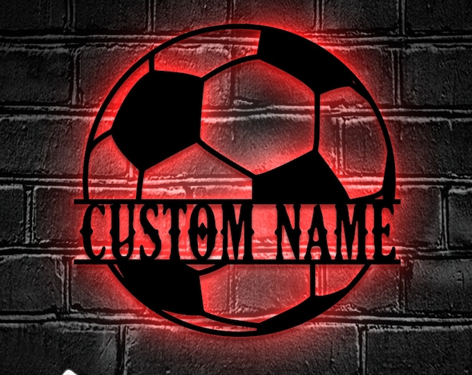 Custom Soccer Ball Metal Wall Art LED Light | Personalized Football Player Lover Sign | Home Decor Kid Boy Girl Nursery Decoration |