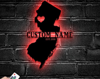 Arte de pared de metal con luz LED y mapa de Nueva Jersey personalizado - Letrero con el nombre del estado de Nueva Jersey personalizado - Decoración para el hogar - Ideal para decoración del hogar y regalo