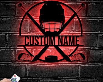 Custom Ice Hockey Metal Wall Art LED Light - Personalized Player Stick Sign Home Decor - - Ideal for Home Decor & Gift