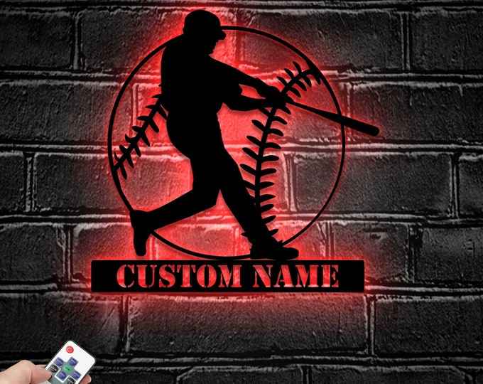 Custom Baseball Metal Wall Art LED Light - Personalized Softball Player Name Sign Home Decor - Ideal for Home Decor & Gift